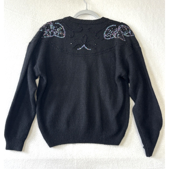 Vintage Robinsons Petite Large Black Sequin Cardigan Silk Angora Lambswool - Picture 10 of 12